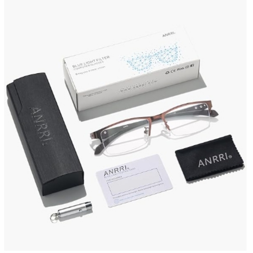 Blue Light Blocking Anti Eyestrain Lens Eyeglasses Semi Rimless Brown